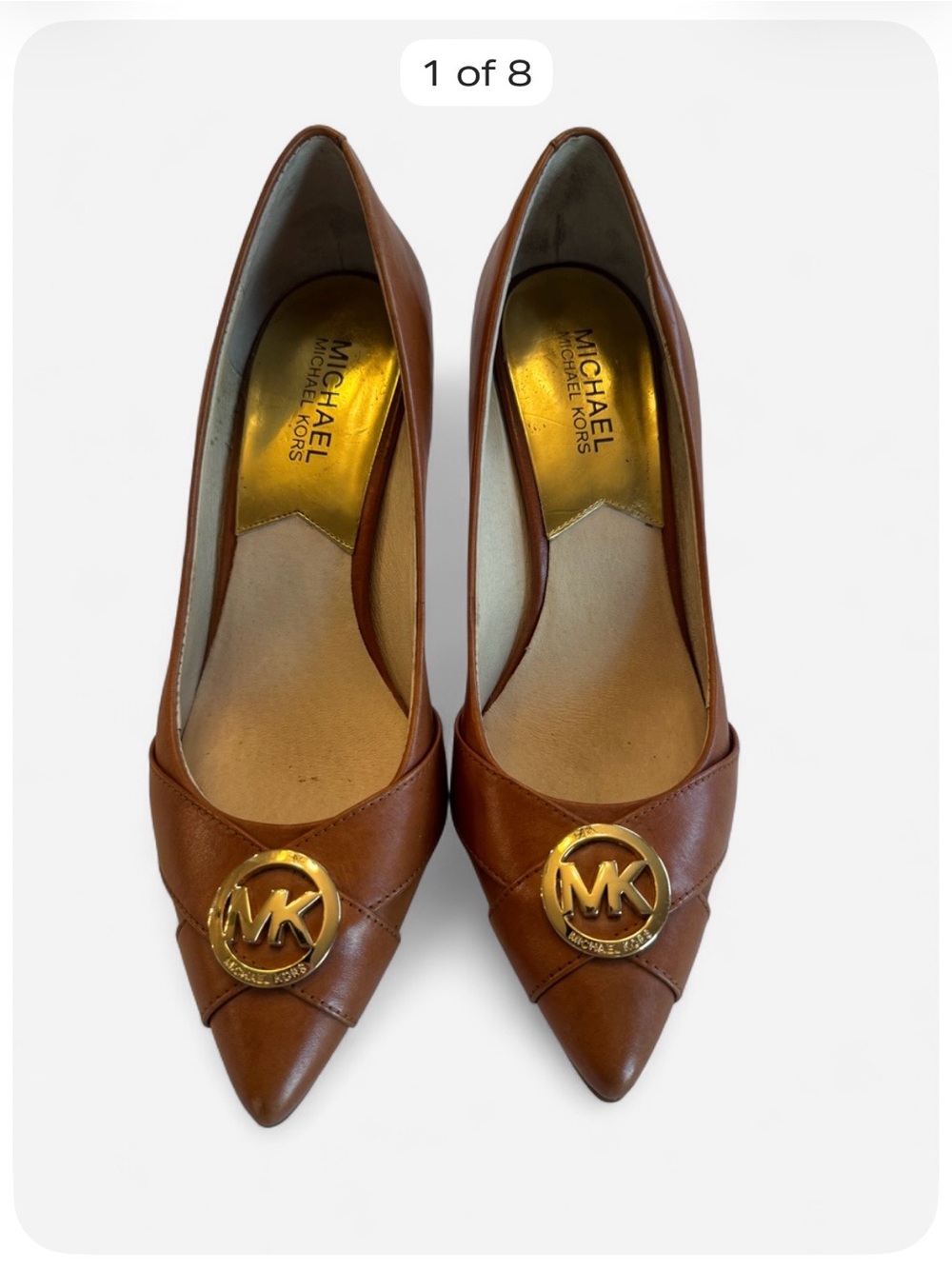 Michael Kors Cognac Brown Leather Pointed Toe Pumps Size 8 Gold MK Logo